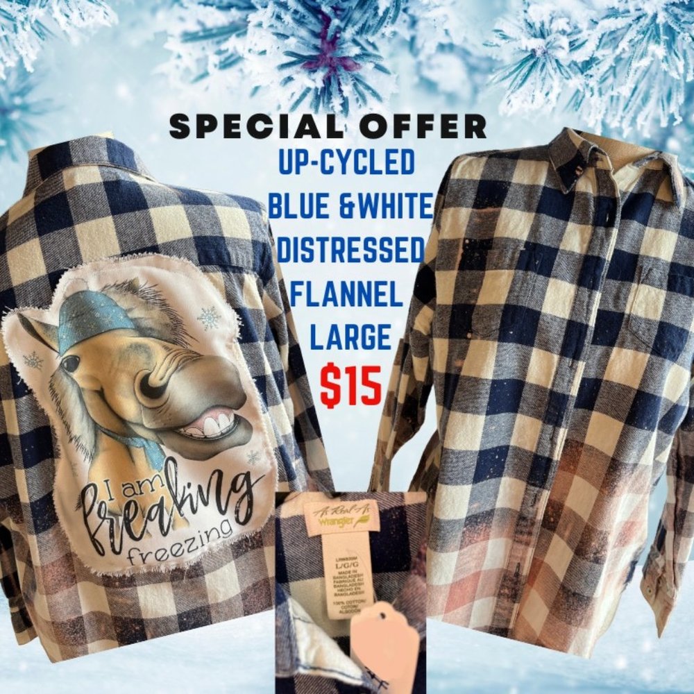 UP-CYCLED DISTRESSED BLUE & WHITE FLANNEL LARGE WITH